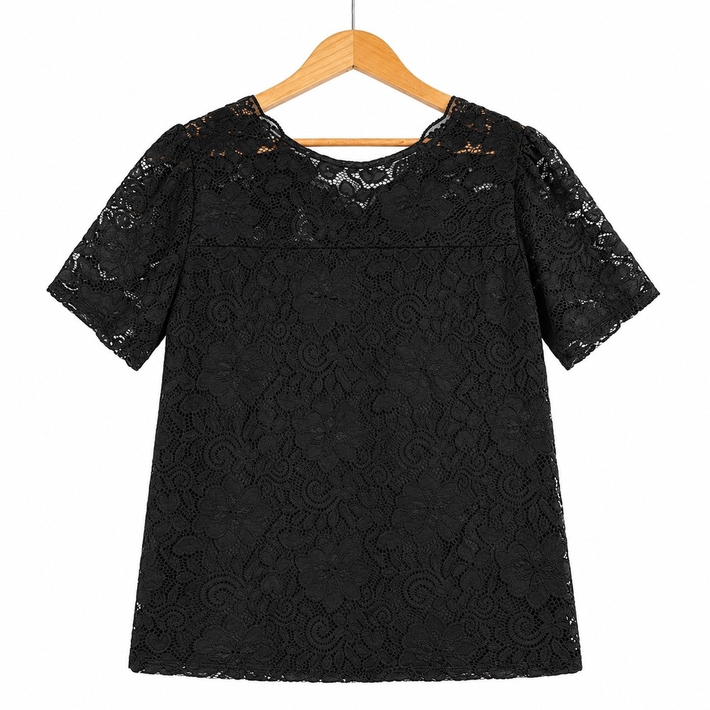 Perseption Concept Women Black Floral Lace V-Neck Short Sleeve Blouse XL NEW